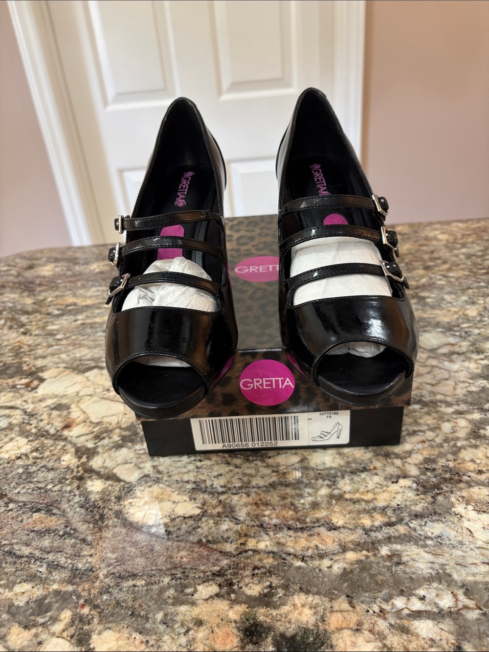 NWT Gretta Black Patent Leather Peep-Toe Mary Jane Heels